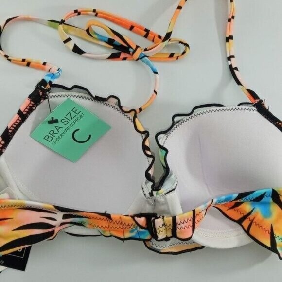 Sundazed Multicolor Palm Print Bikini Top With Ruffle Trim & Adjustable Halter T - Picture 4 of 6